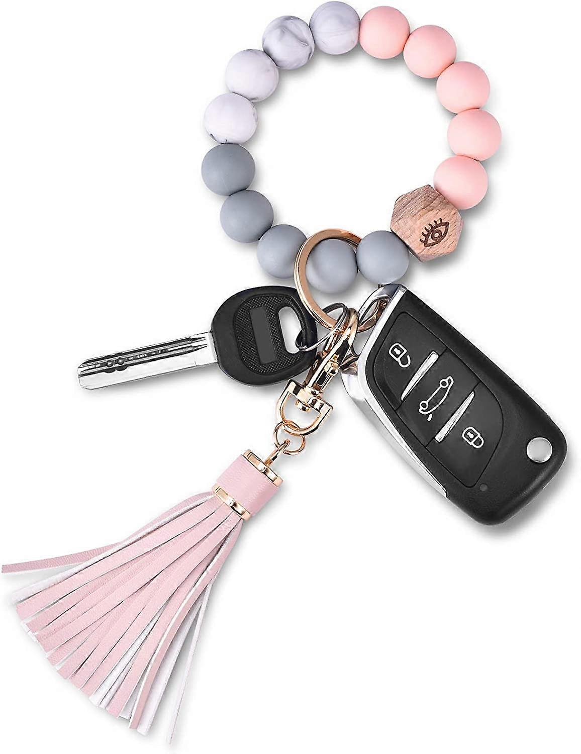 Key Ring Bracelet Wristlet Keychain: Silicone Beaded Bangle Chains