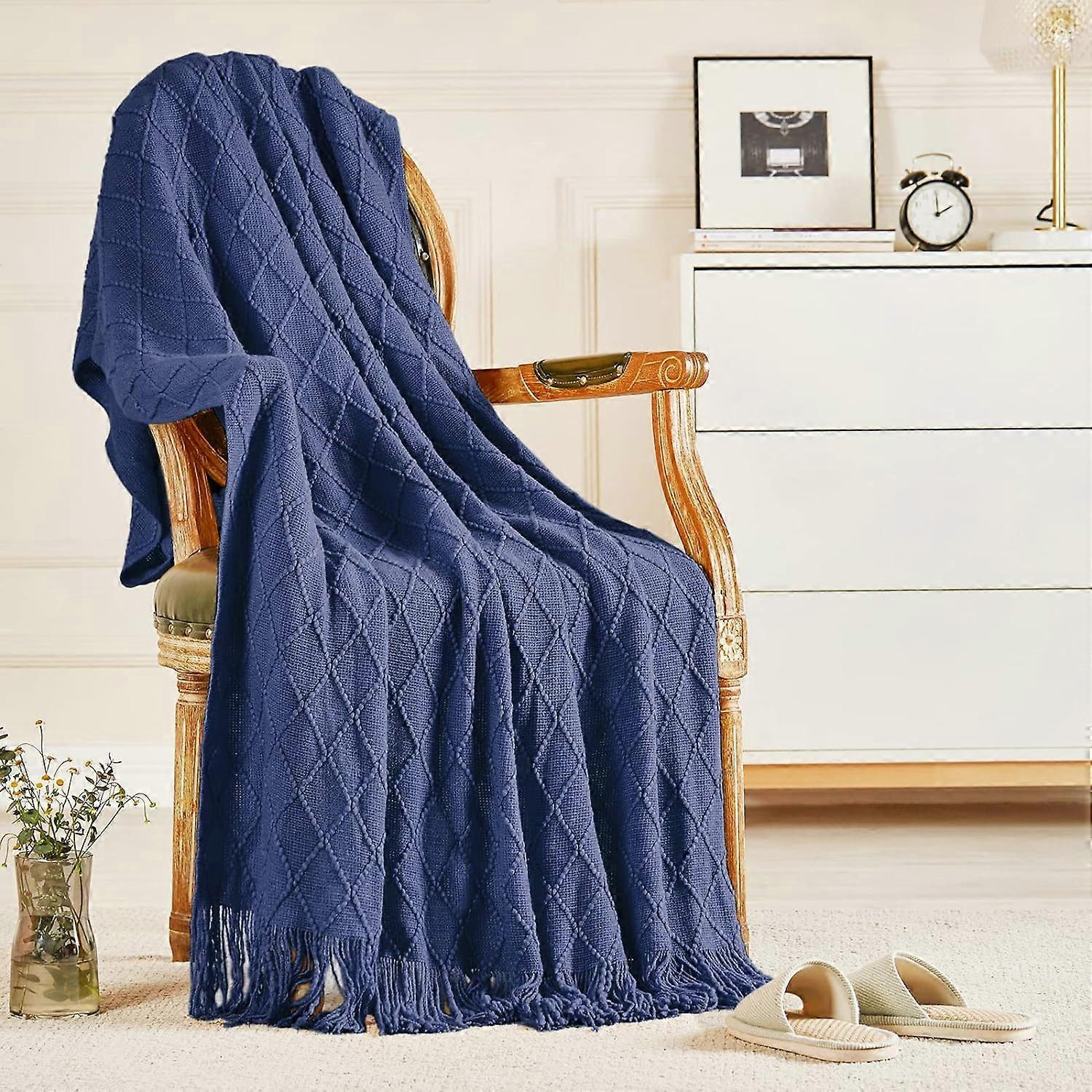 Knitted Throw Blankets for Couch and Bed, Soft Cozy Knit Blanket with Tassel, Off White Lightweight Decorative Blankets and Throws, Farmhouse Warm Wov