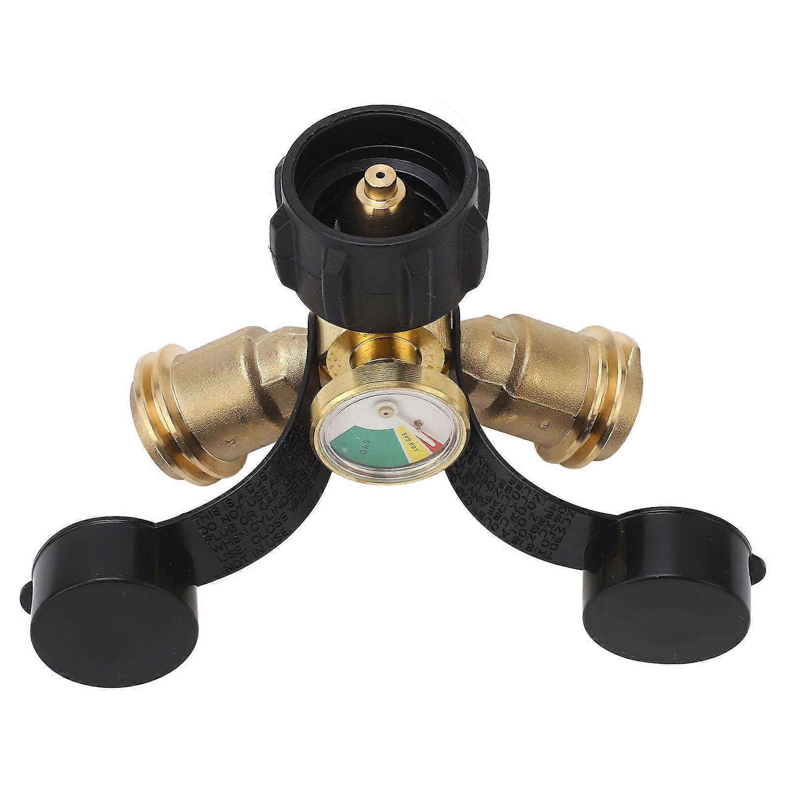 2 Way Propane Gas Splitter Brass POL to Qcc1 Y Type Propane Splitter with Gauge for Barbecue Grill Heaters 