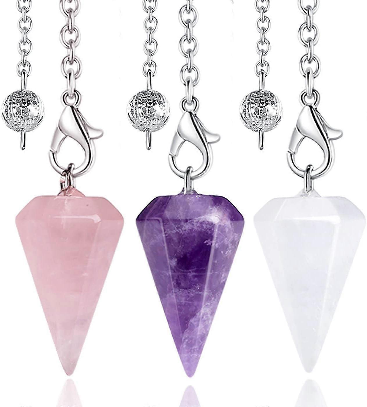 3 Pcs Pendulum Crystal,Amethyst Rose Quartz Clear Quartz Crystal Pendulum for Dowsing Divination Pendulum Gemstone Pendulum