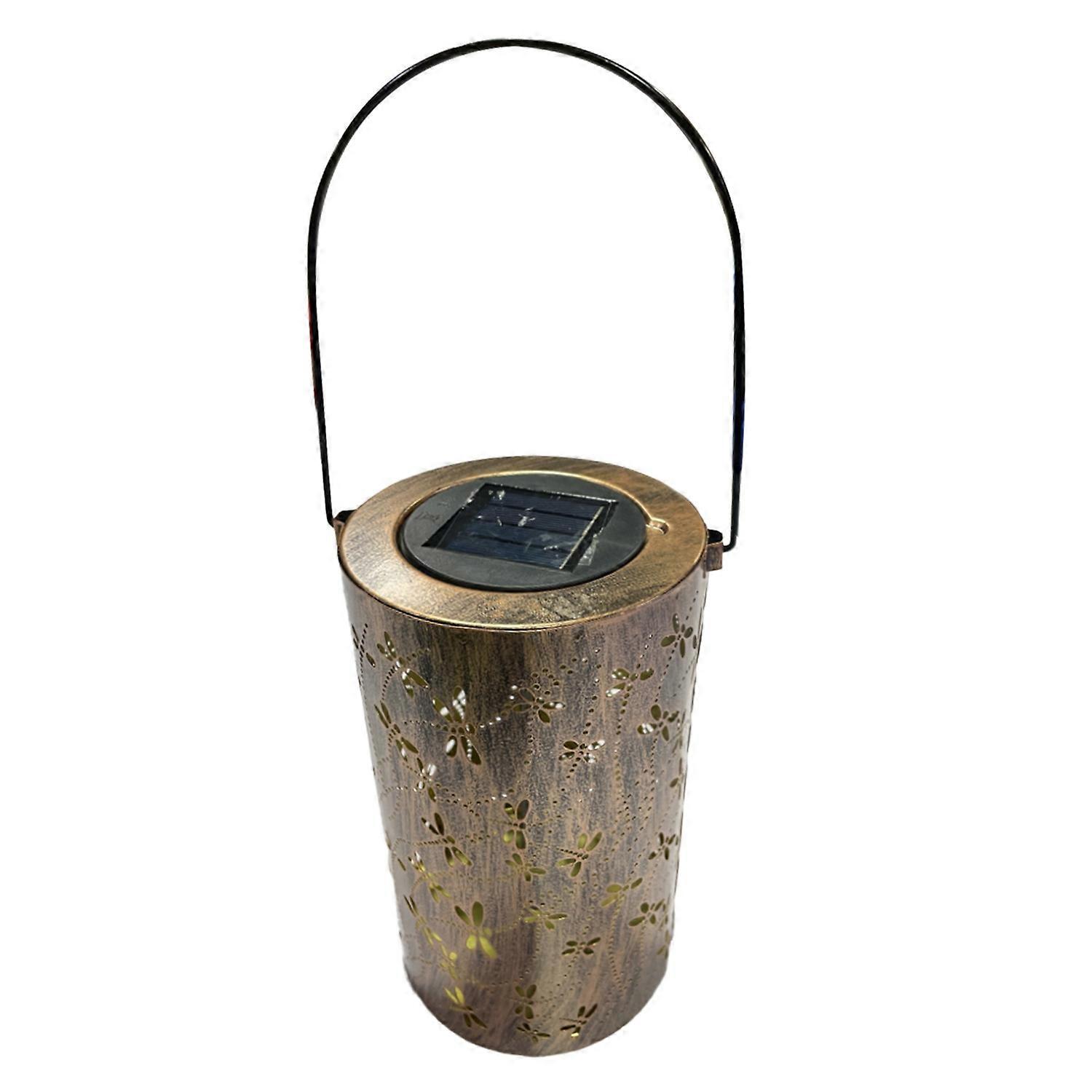 Outdoor Solar Lantern with Handle Hollow Out Dragonfly Metal Decorative Lamp IP55 Waterproof Garden