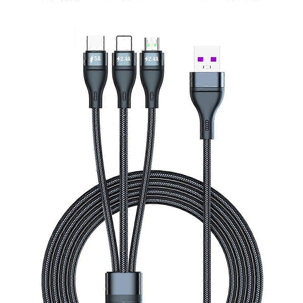 Data Cable 5A Super Fast Charging 3-in-1 Durable Braided Smart Chip Protection Type-C/8-Pin/Micro USB Charging Cable