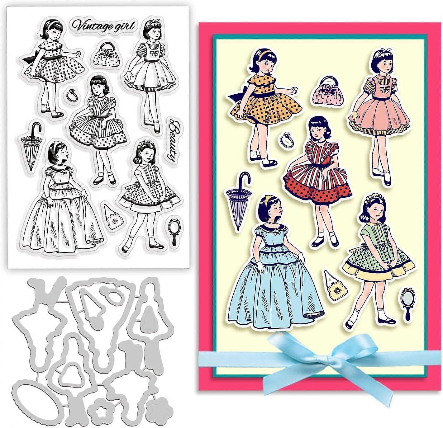 Vintage Girl Rubber Stamps and Cut Dies Set Dress Handbag Umbrella Pattern Dies and Stamp Sets for DIY Scrapbooking Album Decorative