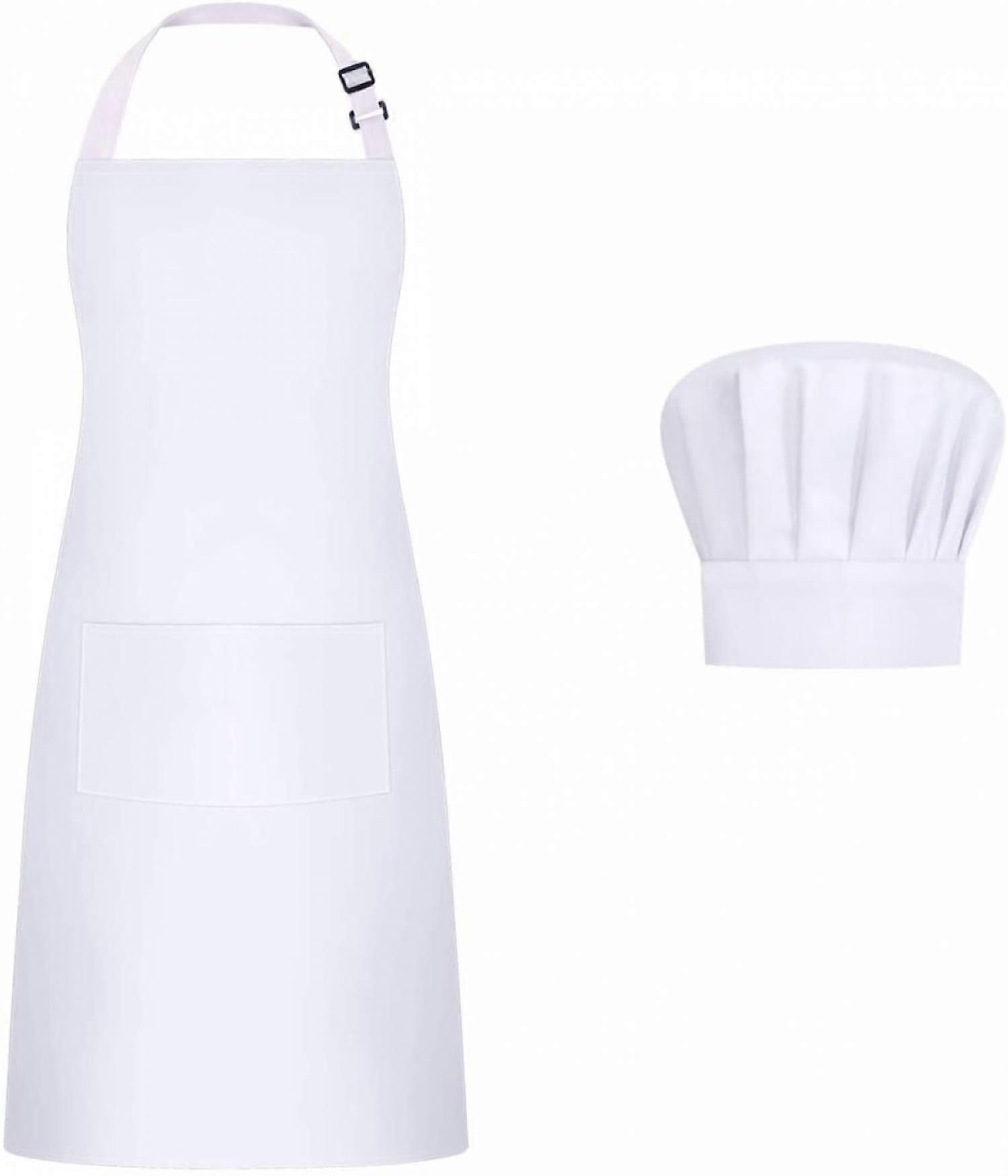 Apron Chef Hat Set, Adjustable bib Apron Baker Chef Hat Women Men, White