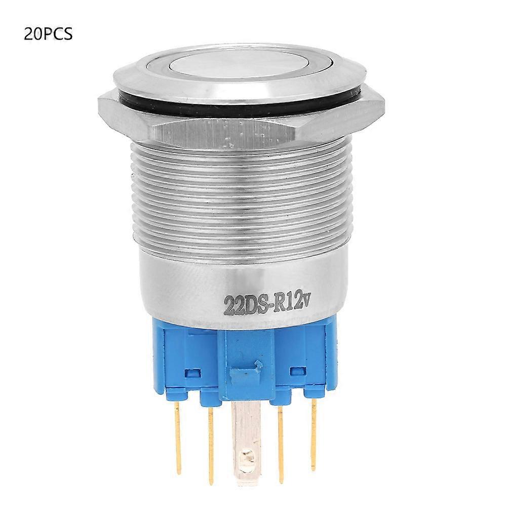 20Pcs 22mm Self locking Type Flat Ring Head with Light Stainless Steel Button Switch(red)