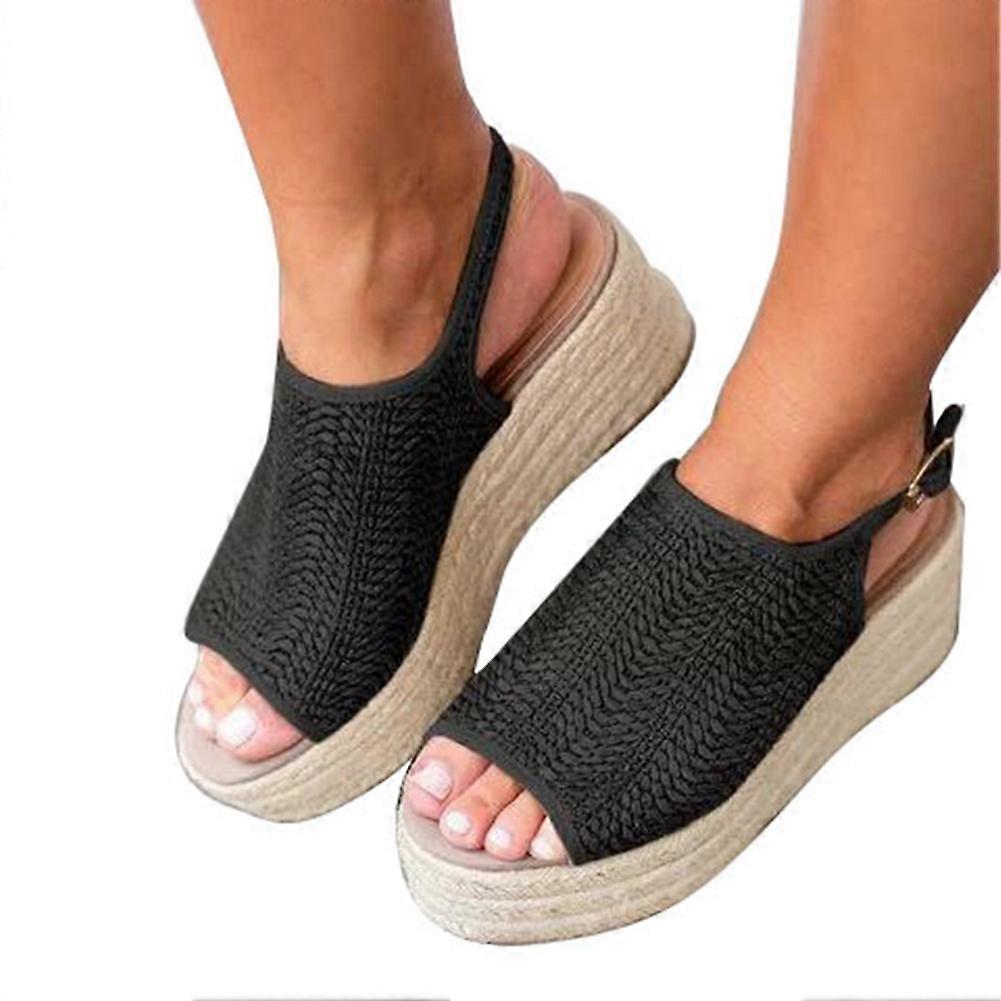 نسائي المنسوجة زقزقة اصبع القدم منصة الكعب العالي الصنادل حزام الكاحل مشبك أحذية الصيف (أسود ، 38)