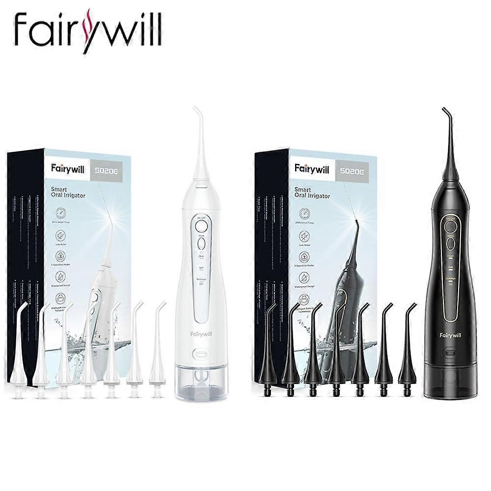 Fairywill Black+White Oral Irrigator Portable 300ML Water Tank USB Charge 3 Modes 14 Replacement Heads 2PCS FW-5020