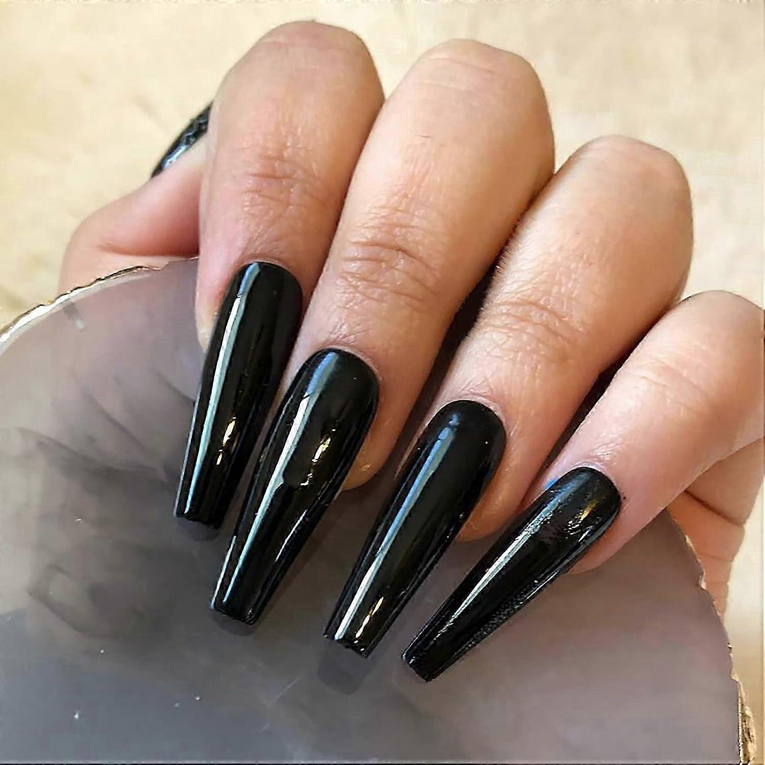 24 Pcs Pregos Prensados em Unhas Longas Caixão, Unhas Falsas KATEA com Cola para Unhas, Unhas Postiças com Desenhos Unhas Acrílicas Cola em Unhas para Mulheres e Meninas (Glossy B