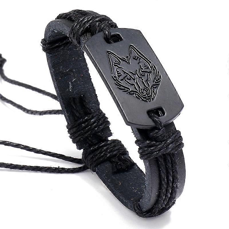 B01916 Men Leather Wolf Head Woven Bracelet