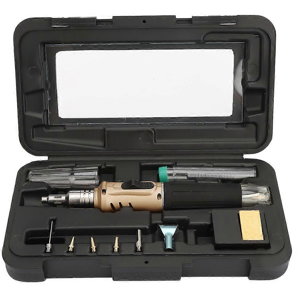 Gas Soldering Iron Kit, 10 Pieces, HS-1115K Multifunction Butane Gas Soldering Iron, Wireless Soldering Welding Torch Kit (Golden Handle)