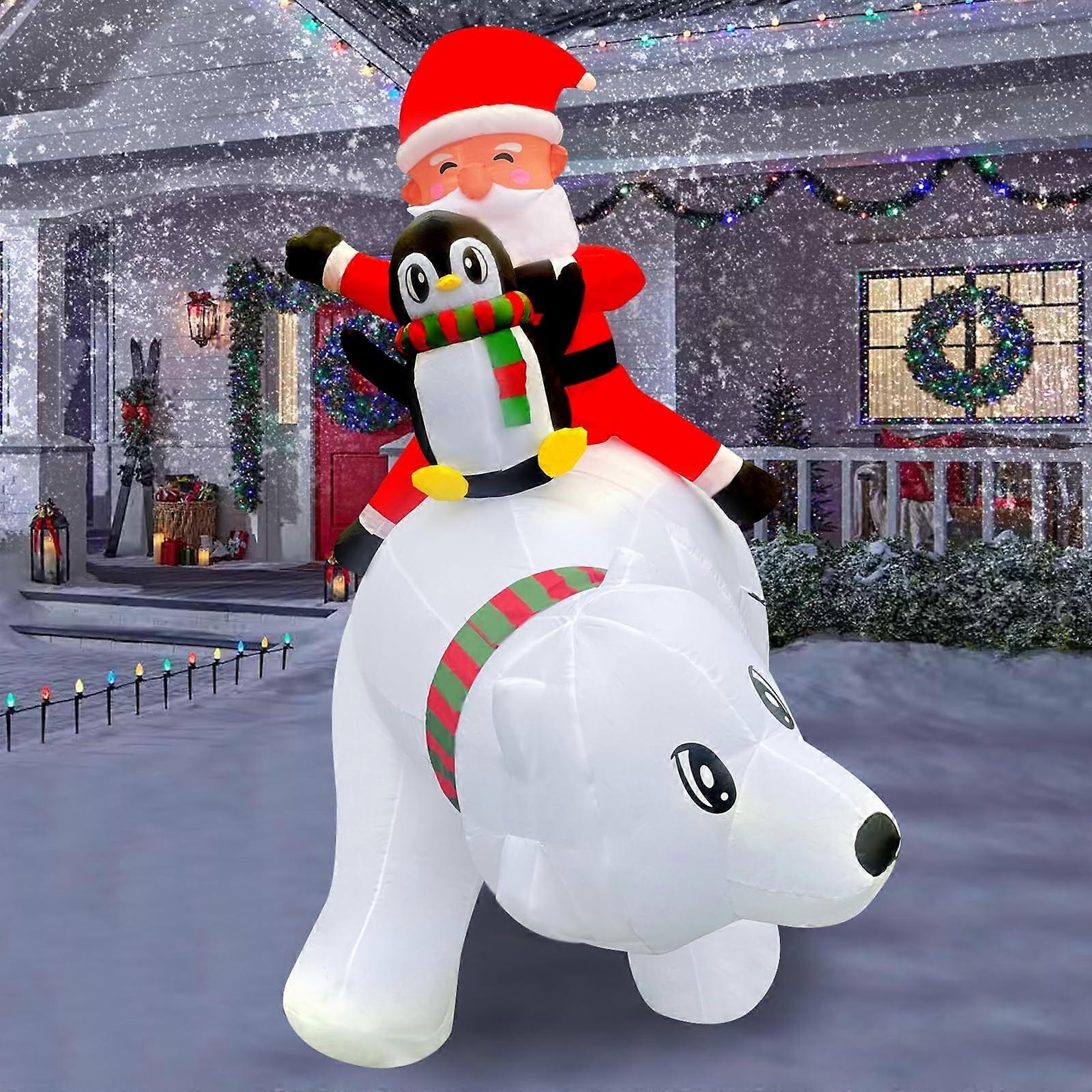 6FT Christmas Inflatable Outdoor Decoration Blow Up Santa Claus Penguin Riding on Polar Bear with Gift Boxes and Built-in LED Lights for Outside Yard