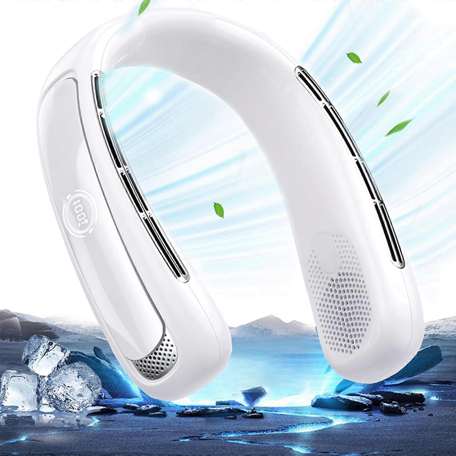 Portable Neck Fan Air Conditioner with LED Display, 5 Speeds, Rechargeable Bladeless Design for Travel and Sports (White)