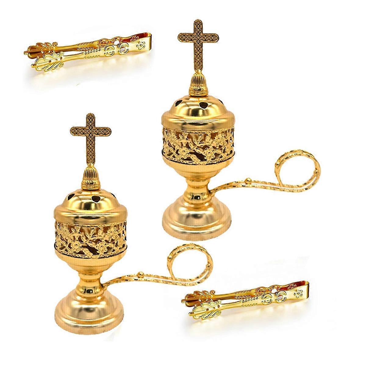 2 Sets Incense Burner with Tong, Gold Frankincense Charcoal Incense Stand Holder, Ideal for Yoga, S