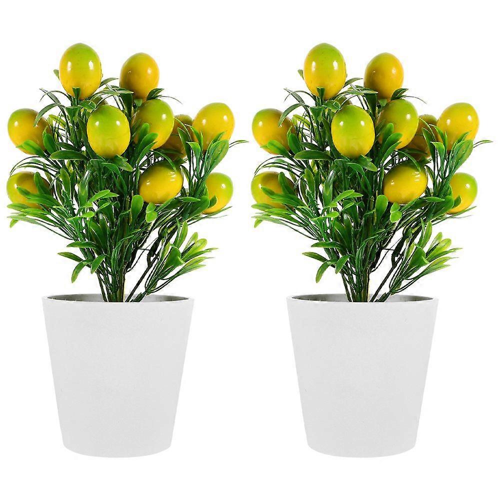 2 Sets Artificial Lemon in Pot Bonsai Statues Mini Potted Lemon Tree Simulation Lemon Bonsai