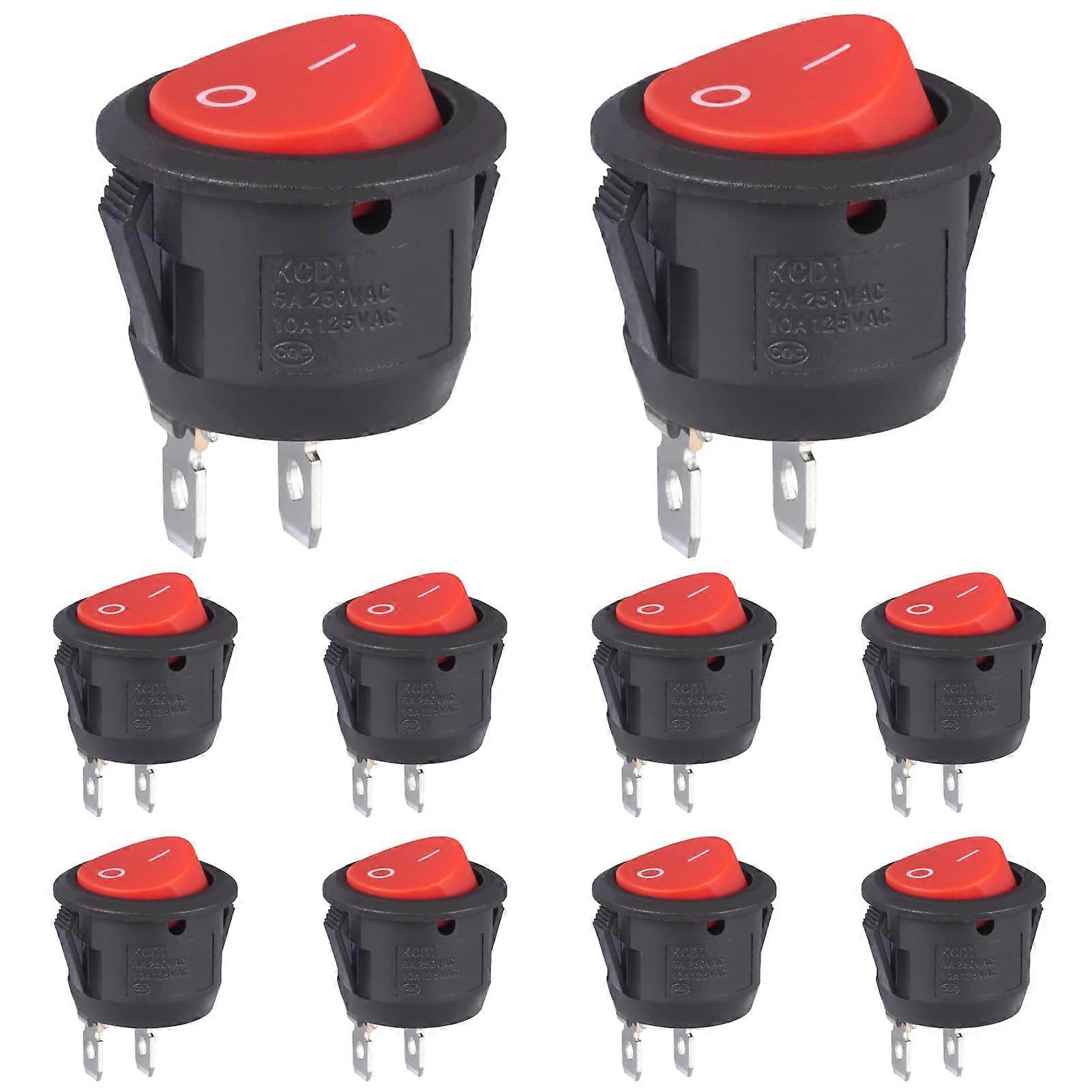 Rocker Switch 2-Pin Round On/Off Toggle Switch 6A 250V 10A 125V Lockable Self-Locking Red/Black Pack of 10