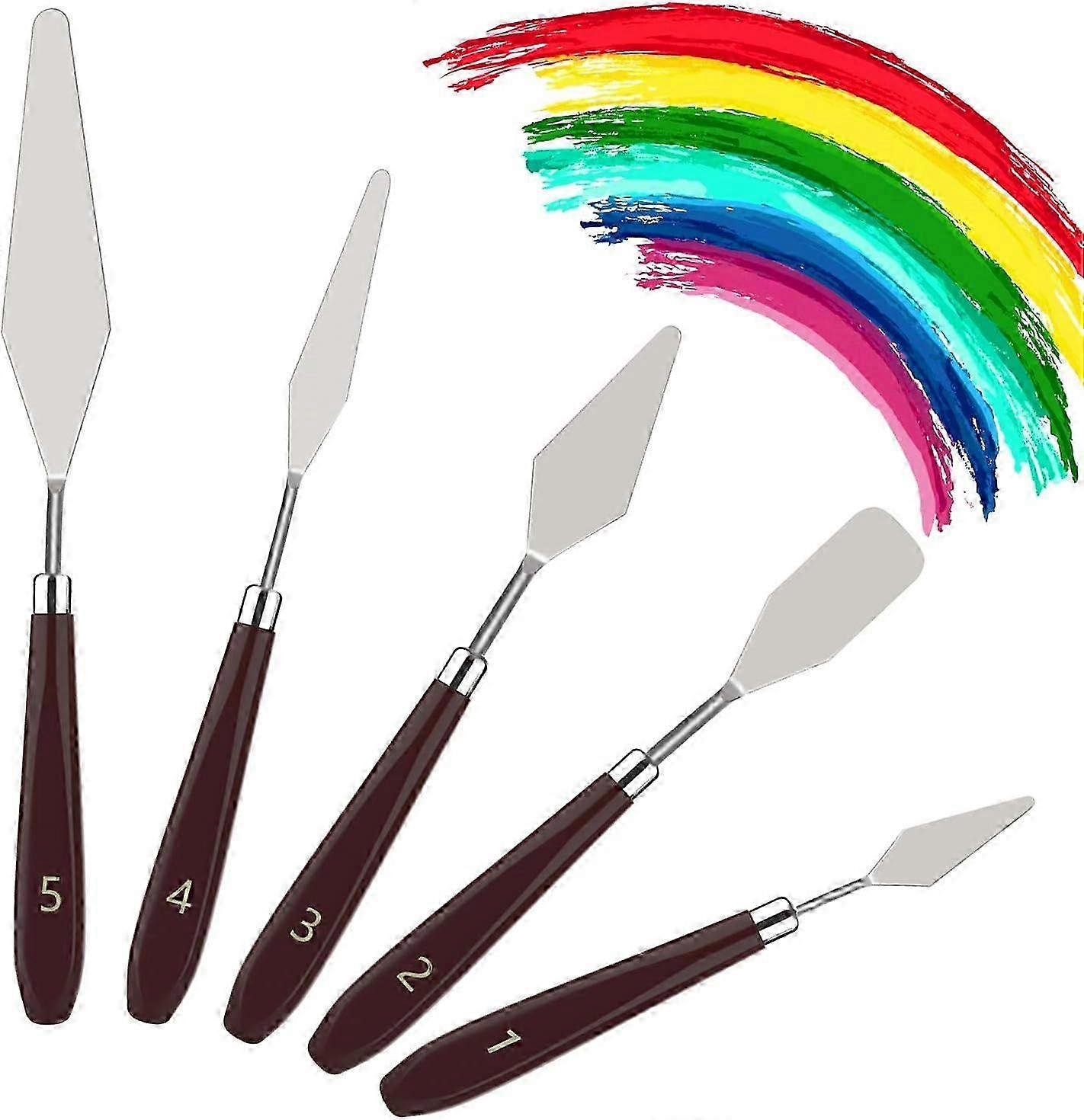 5-delt palettknivsett i rustfritt stål med trehåndtak for oljemaling og fargeblanding