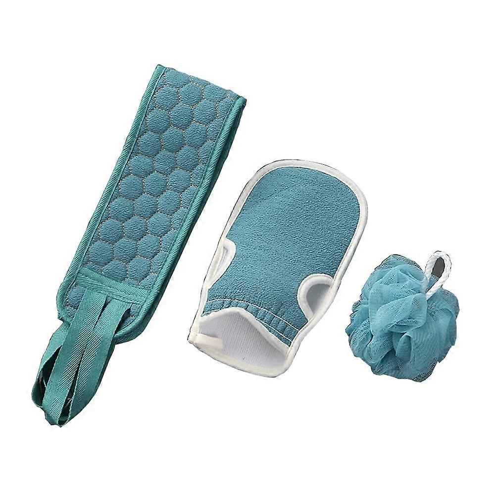 3-Piece Bath Towel Back-Rubbing Gloves, Double-Sided, Thick Soft Cotton Towels, Blue