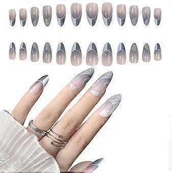 Vollständige Abdeckung von nackten falschen Nägeln Acryl Quadrat französische falsche Nägel, geeignet für Frauen und Mädchen 24 Stück-Stil4