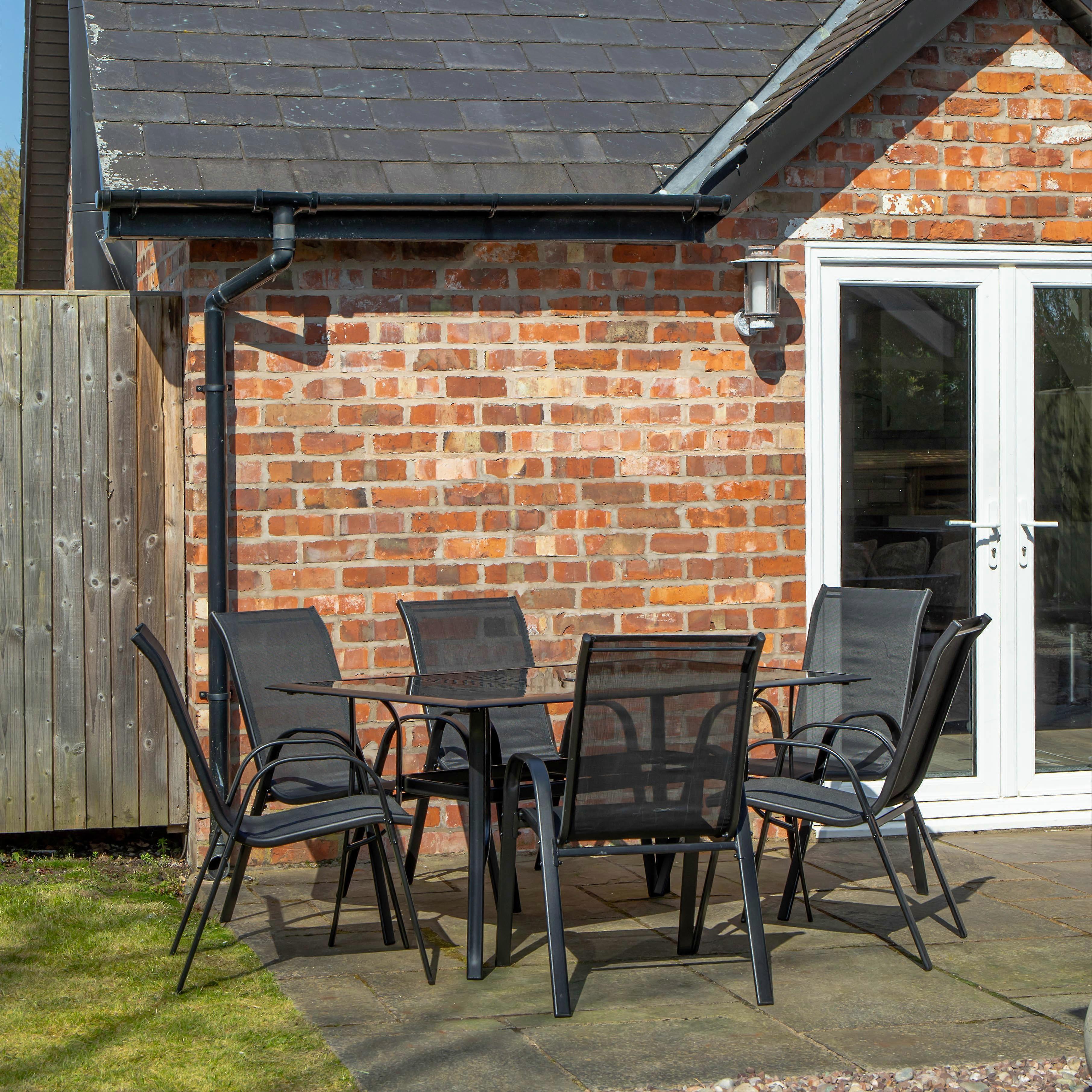 6 Person Rectangular Glass Top Garden Dining Table Chairs Set