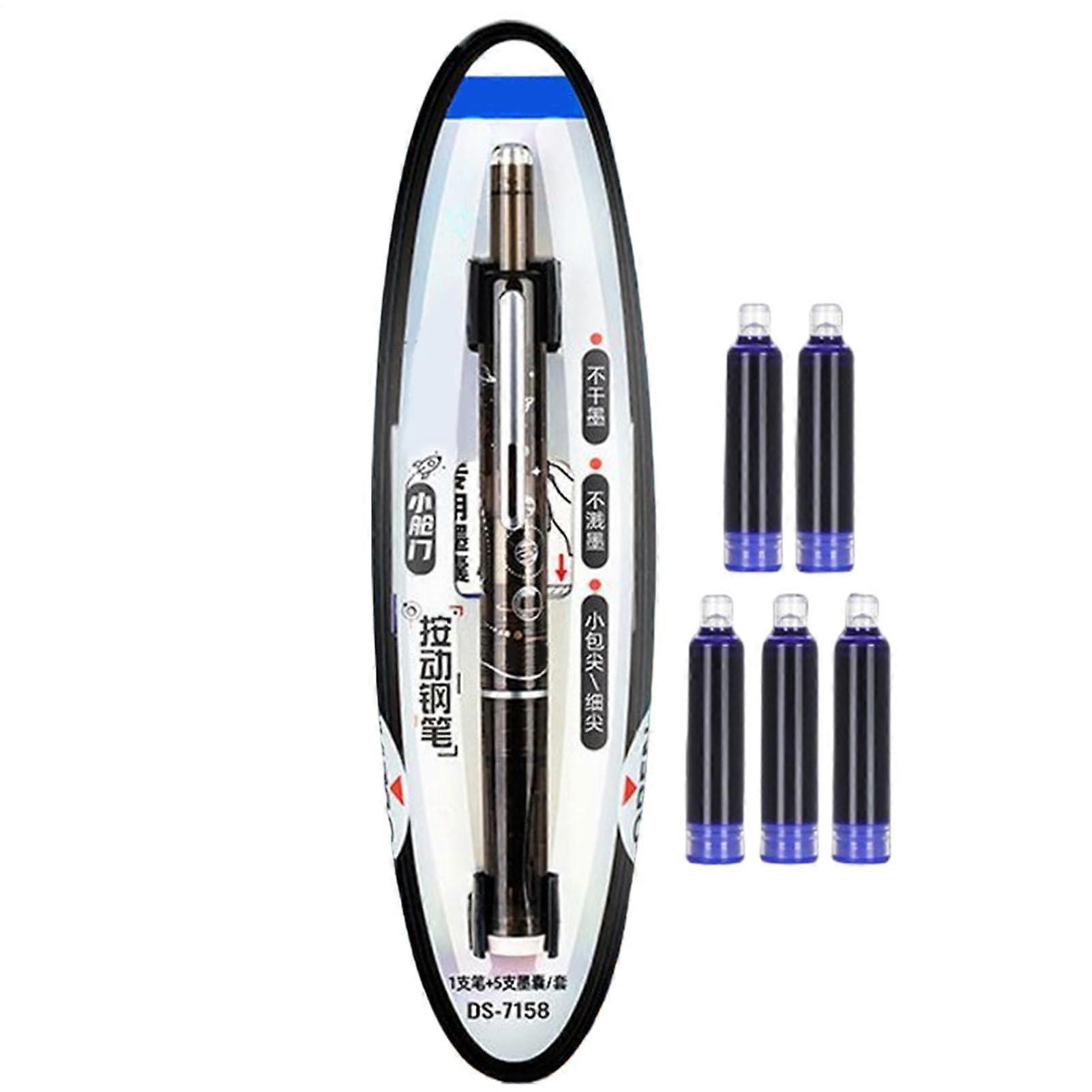 Retractable ballpoint pen, 0.38 mm no leakage builtin refill with 5 refillable ink cartridges, smooth writing tool in black.
