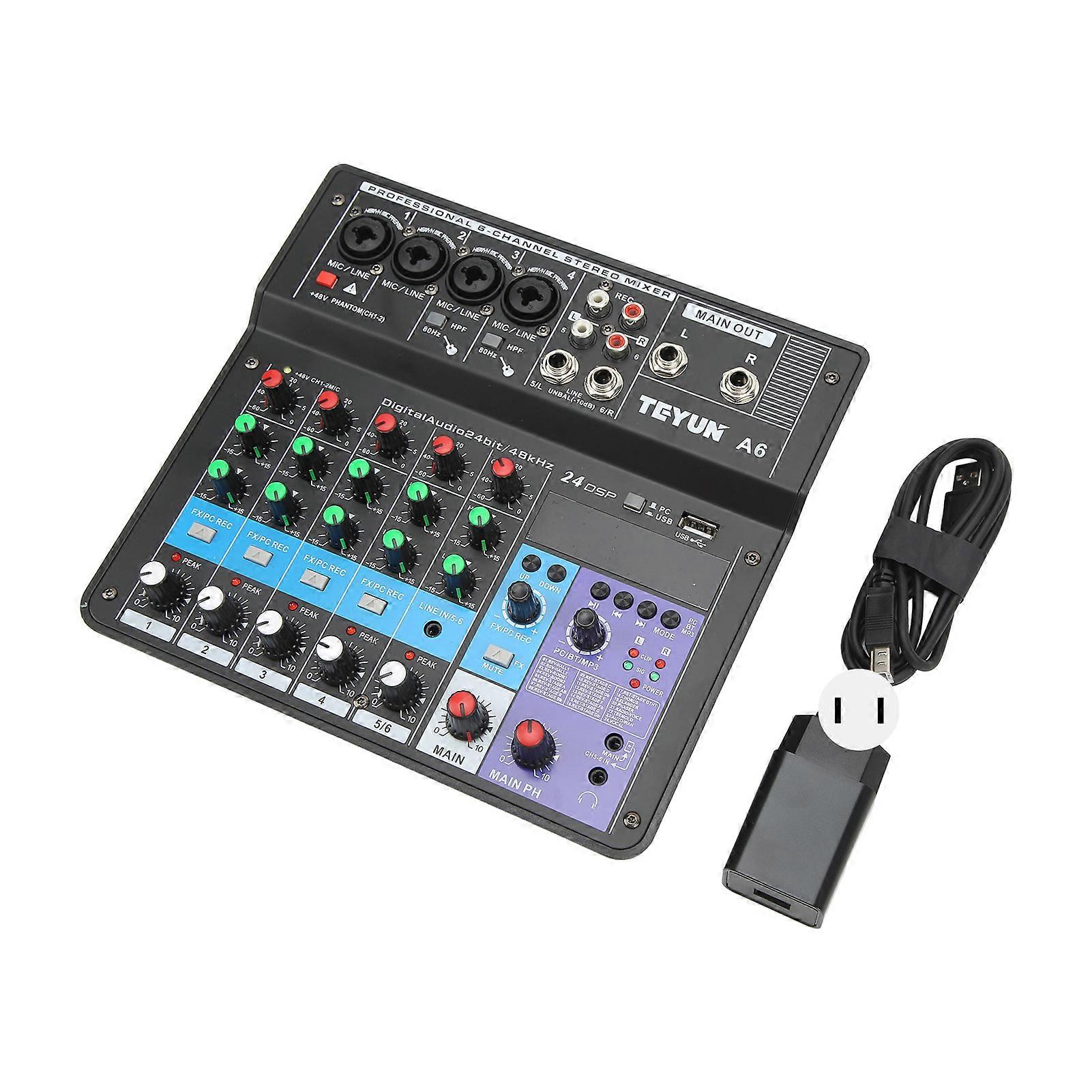 Sound Console USB Mini Mixing Desk Voice Recording BT Sound Card 6 Channel Mixer for Home Music Production Live Broadcast Singing 100‑240V US Plug