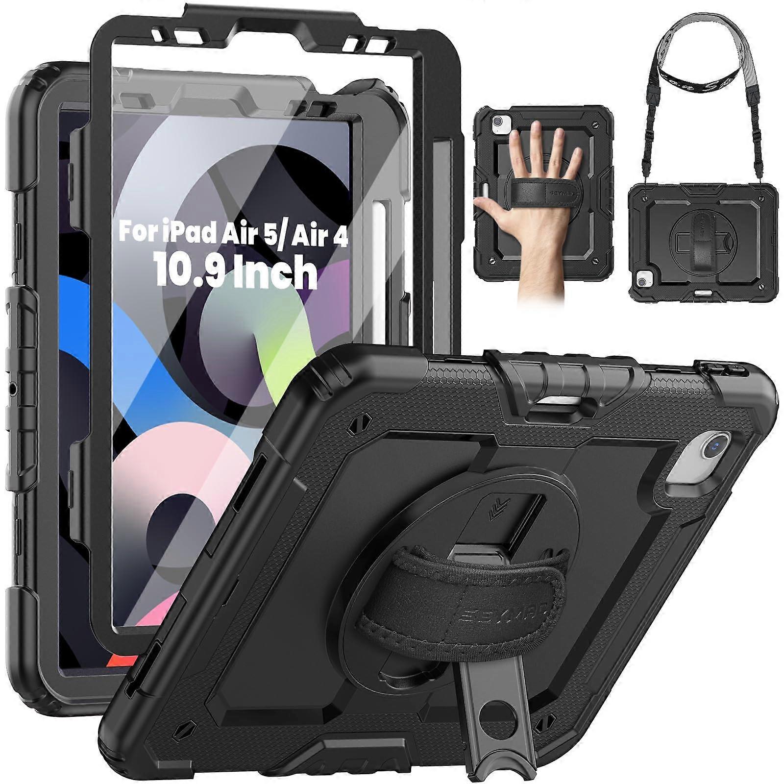 iPad Air 5th/4th Gen Case / 10.9', Shockproof with Screen Protector, Stand, Pen Holder, Black
