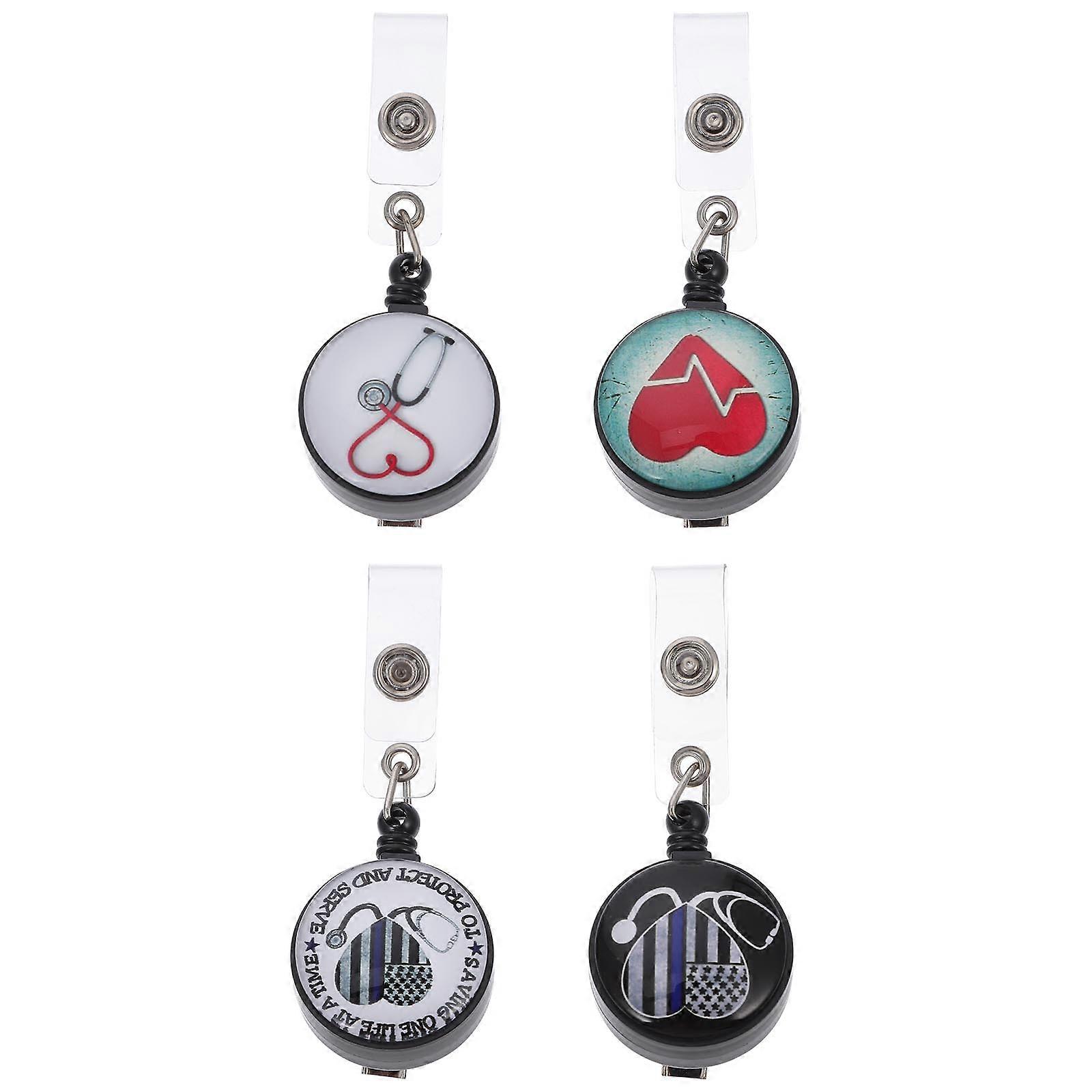 4 Retractable Badge Holders with White Belt Clips – Creative Design Name Tag Clips for Office and Medical Professionals, Easy ID Display