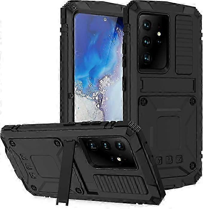 Samsung S21 Ultra 5G メタルケース スクリーンプロテクター付き ミリタリー 頑丈 ヘビーデューティー 耐衝撃性 スタンド付き Samsung S21 Ultra 5G 用フルカバーケース (ブラック)