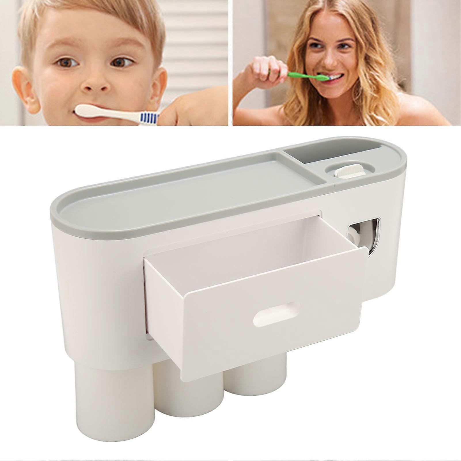 Toothbrush Holder Wall Mount Organizer with Toothpaste Dispenser, 3 Cups, Plastic