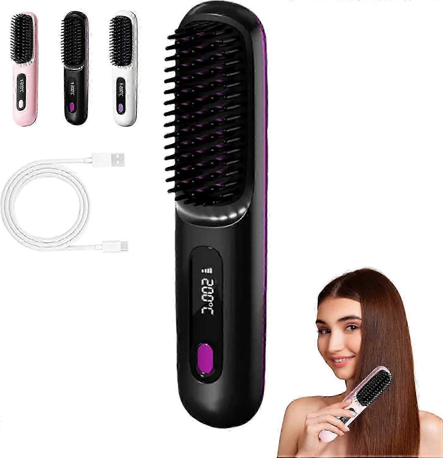 Electric Cordless Hair Straightener Brush, Portable Straightening Brush for Travel, Mini Electric Anti-Scald Hot Comb, Fast Finish with Smooth, Shiny
