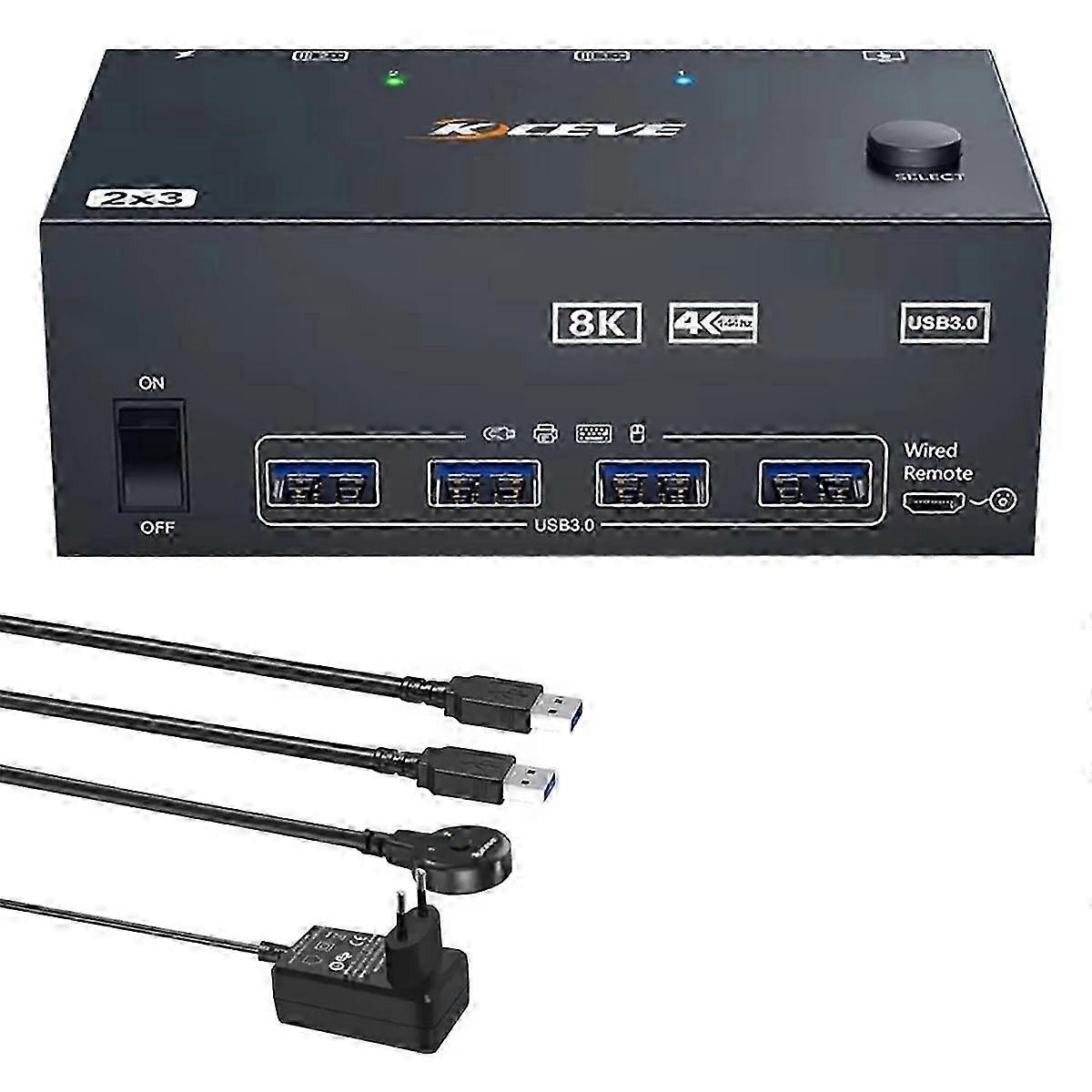 2.1 KVM Switch for 3 Monitors, 2 Computers - 8K 60Hz Extended Display Support