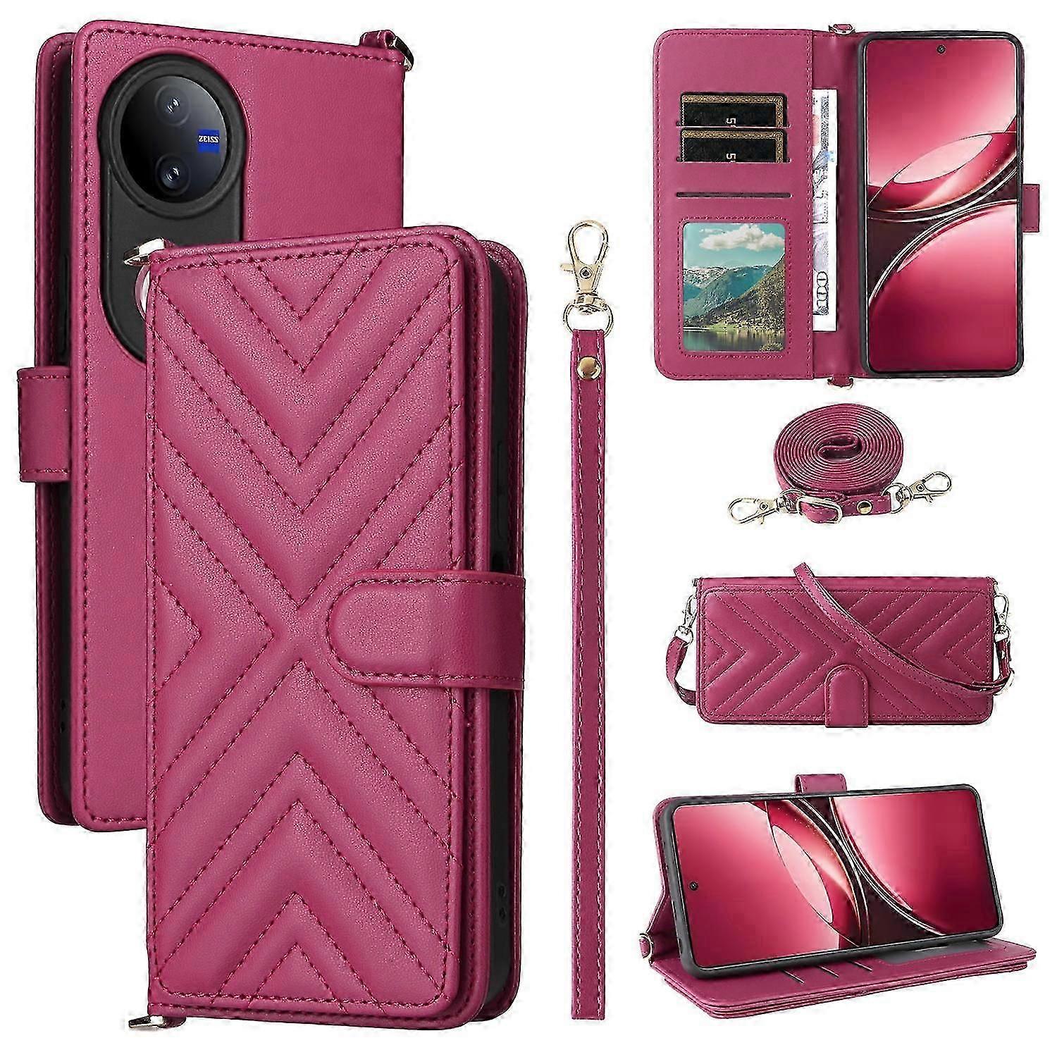 For vivo V50 5G Case with Shoulder Strap Wallet Leather Phone Cover - Rose