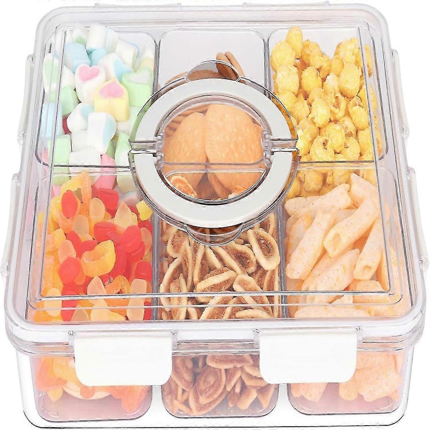 6 Fächer Snack Box Container, Snackle Box Charcuterie Box Container, großes geteiltes Serviertablett mit Deckel und Griff, Gemüsetablett, Obsttablett, Food St