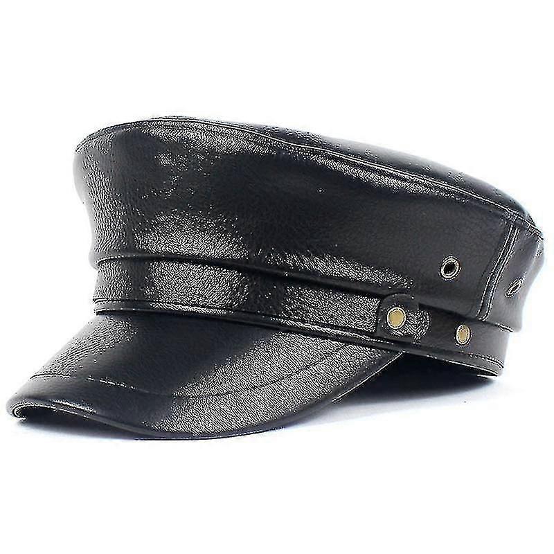 Black Pu Retro Military Hat/leather Beret
