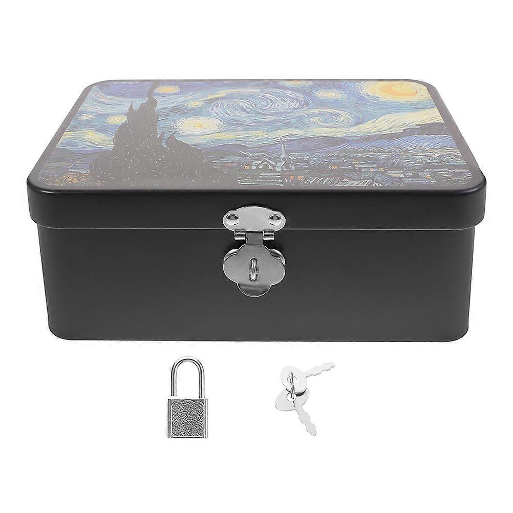 Decorative Storage Box With Lock For Home Use And Office Display 24.50X18.00X8.50CM Vintage Tinplate With Night Pattern 3Pcs