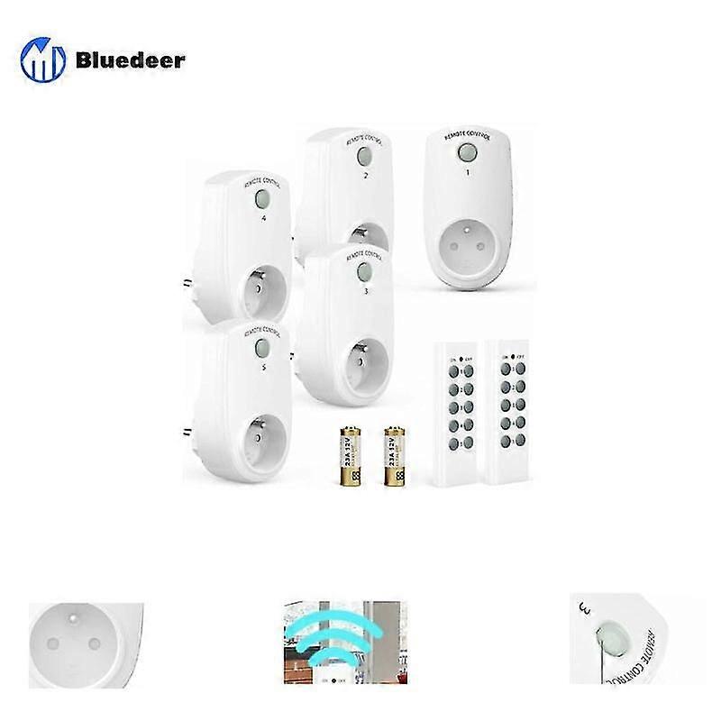 Set of 5 Programmable Power Sockets, Wireless Remote Control Socket with 2 Remote Controls 2 Batteries Included