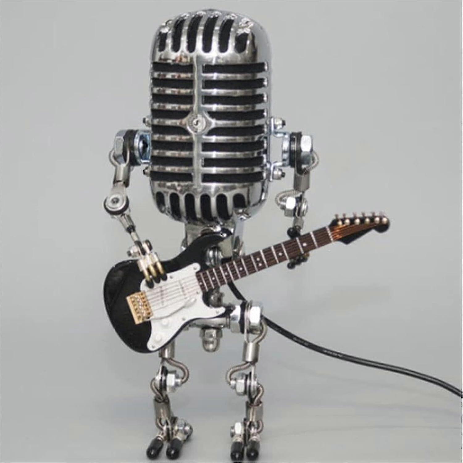 Lampa-robot z mikrofonem w stylu vintage z miniaturową gitarą - unikatowa metalowa lampa-robot z mikrofonem w rozmiarze 25-26 cali