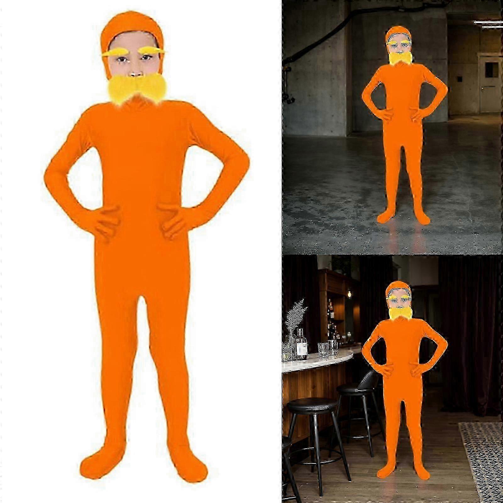 Oranje thema kostuumset voor 01-06 modellen volwassen grootte inclusief nep baard wenkbrauwen en jumpsuit