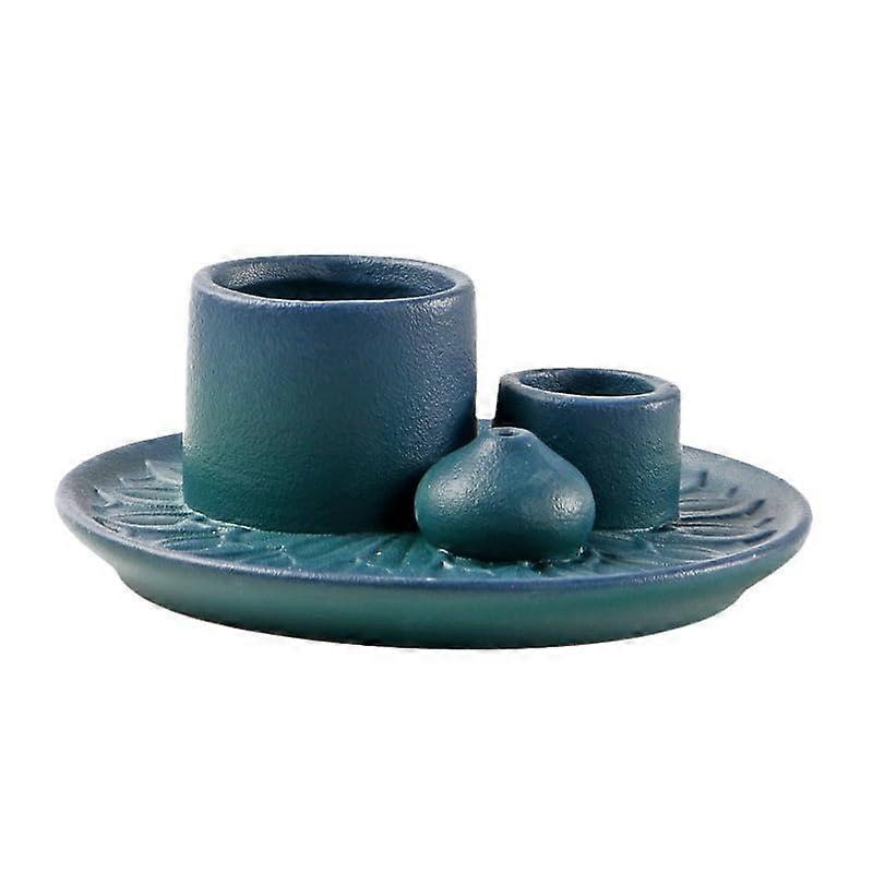 Ceramic Candle Holder with Aromatherapy Tray for Home Decor, White Plate (Blue)