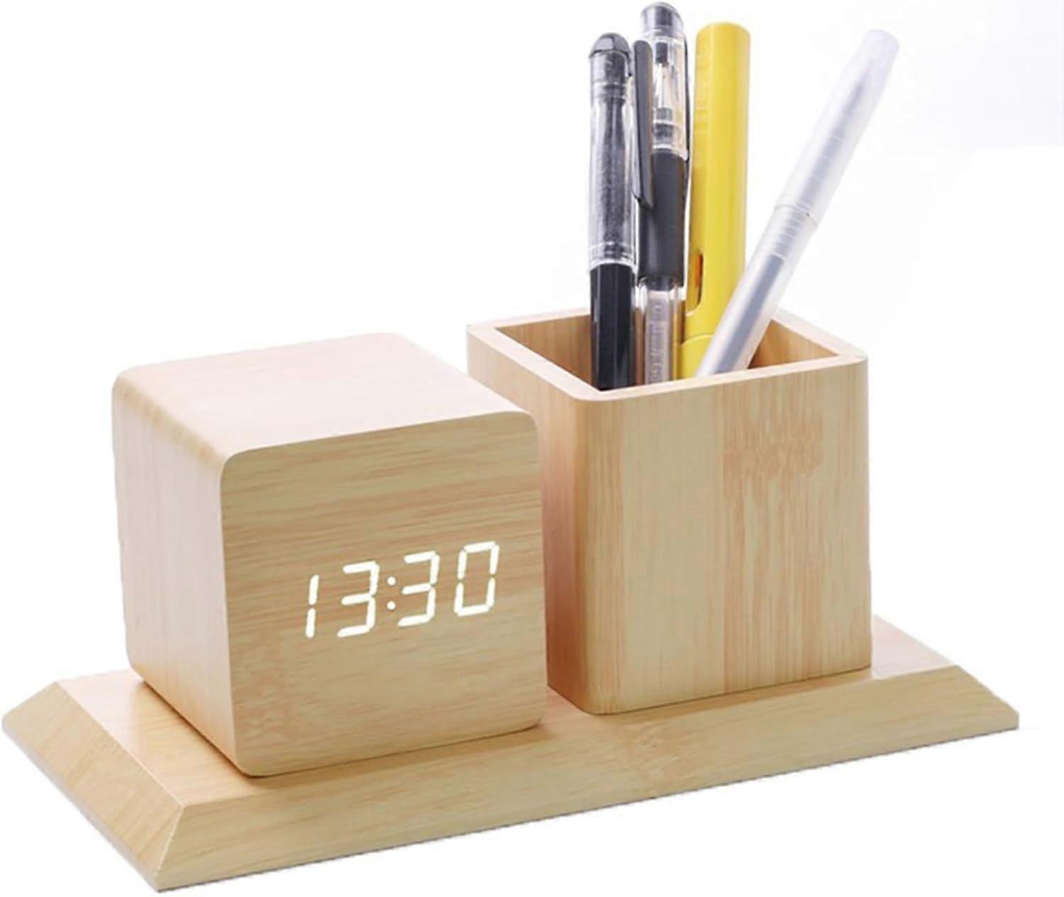 Wooden Digital Alarm Clock Pencil Holder LED Time Display 3 Alarm Setting Sound Control Clock