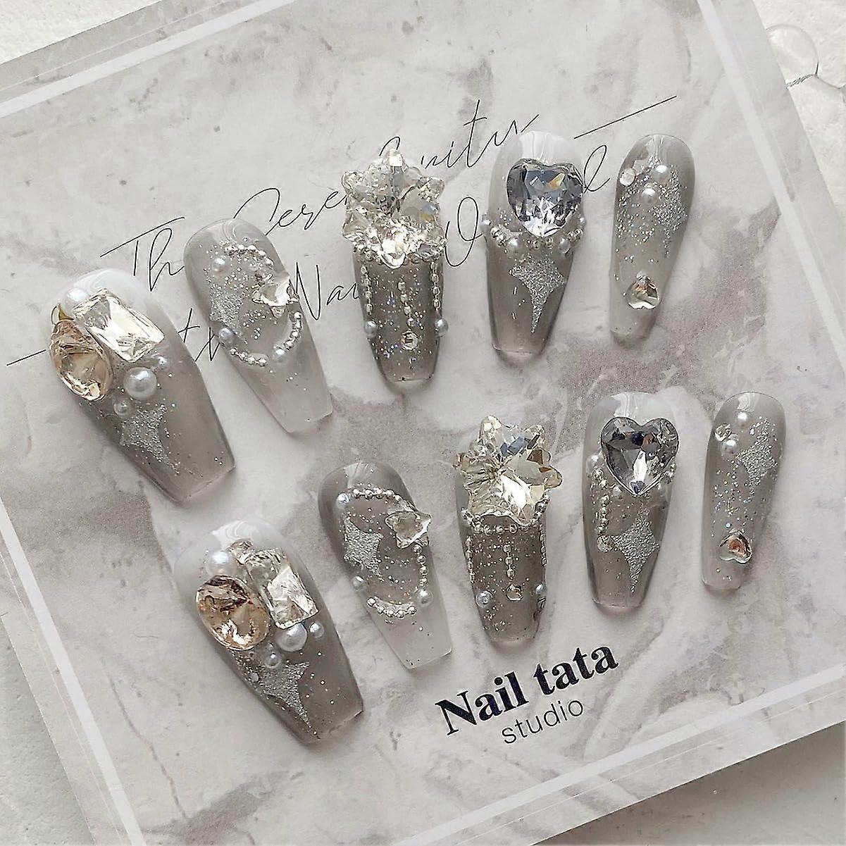 Handmade Gradient Gray Press On Nails Long Coffin False Nails with Butterfly Chain and Sparkle
