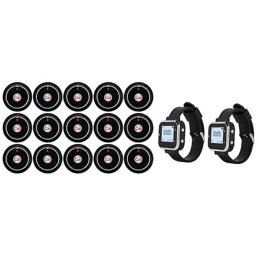 Cafe Waiter Service Buzzer 2 Watch Waiter Pager 15 Restaurant Table Call Button Transmitter Wireless Calling System (US)