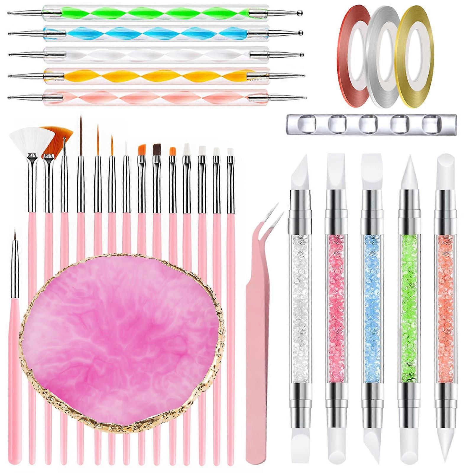 Nail Art Tools 31Piece Set with Professional Brushes, Resin Palette, Dotting Pens and Tweezers