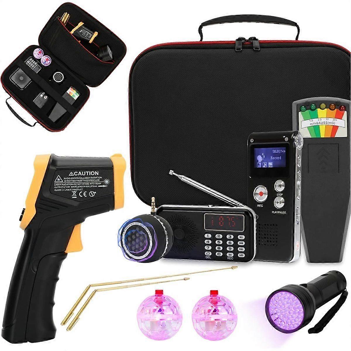 11-delige set met EMF-meter, EVP-recorder, draagbare radio, luidspreker, infraroodthermometer, messing detector