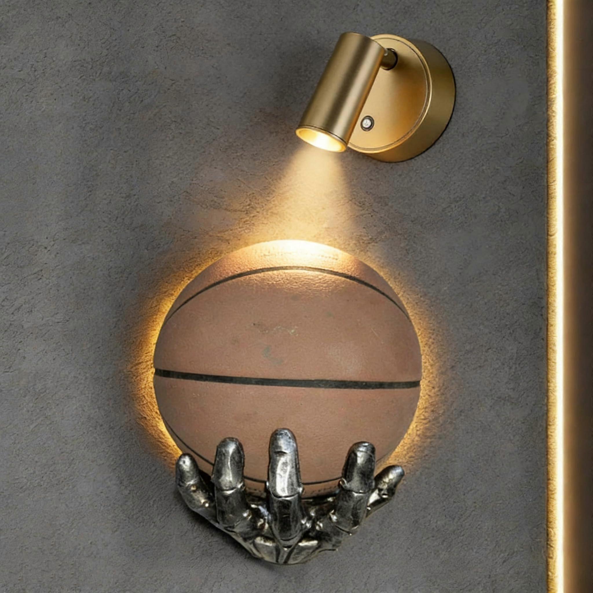 Basketball Wall Mount Display Rack with Steampunk Mechanical Hand Grip and Lamp, Silver