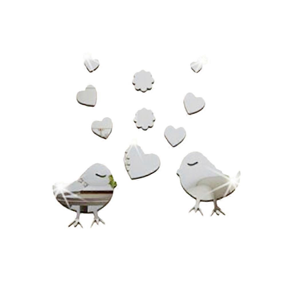 Wall Sticker Acrylic Mirror Surface Heart and Bird Pattern for Office