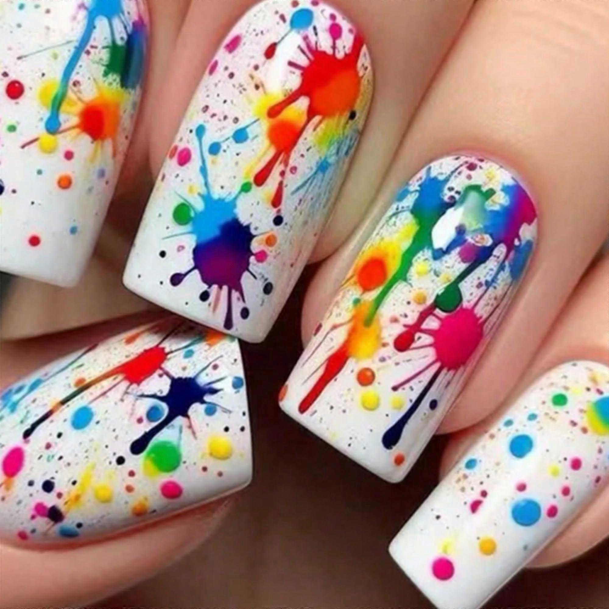 24pcs Medium Square Tip Press On Nails White Graffiti Acrylic Set with Unique Paint Splatter Design
