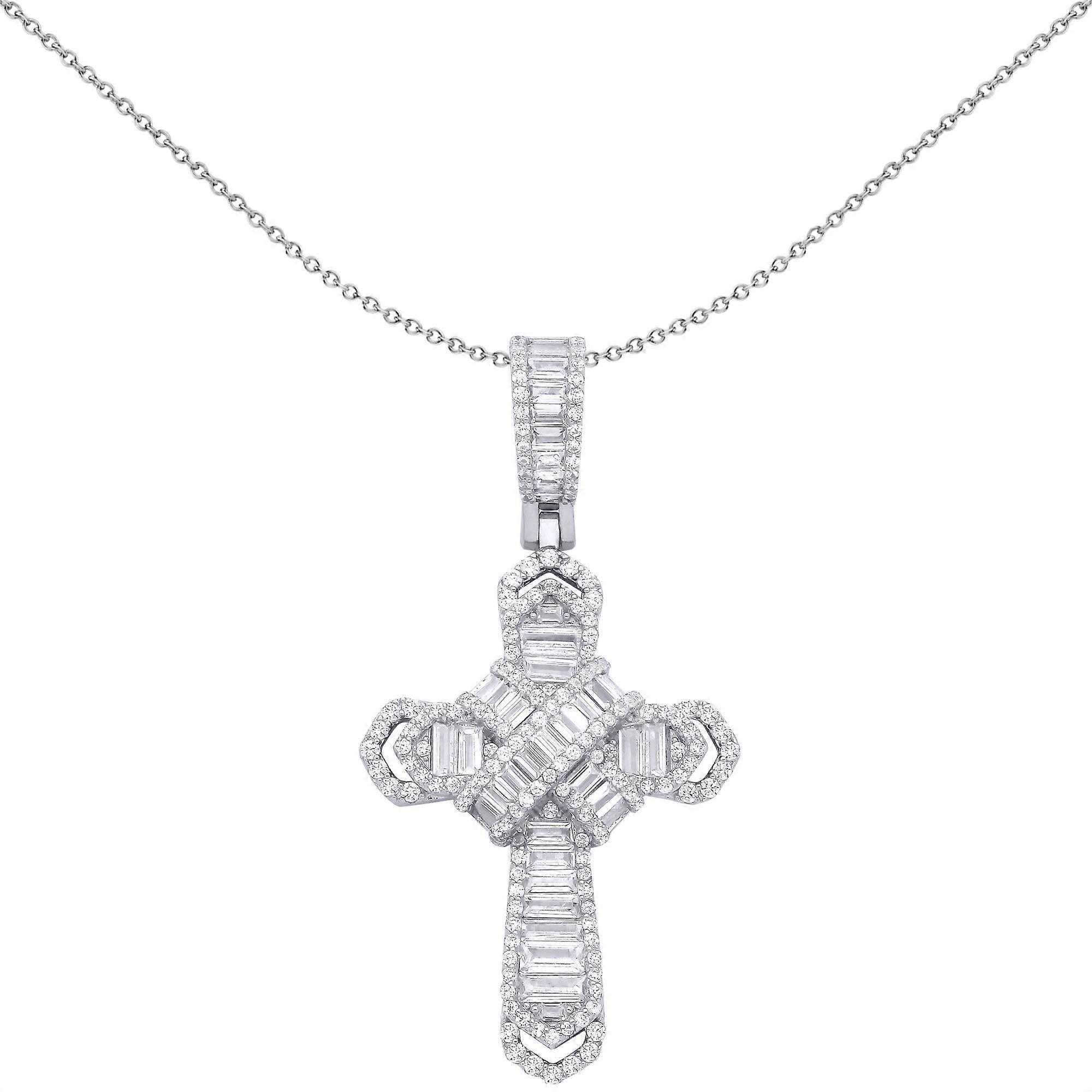 Jewelco London Unisex Rhodium Sterling Silver Baguette CZ Criss Cross Bandolier Chevron Cross Pendant Necklace