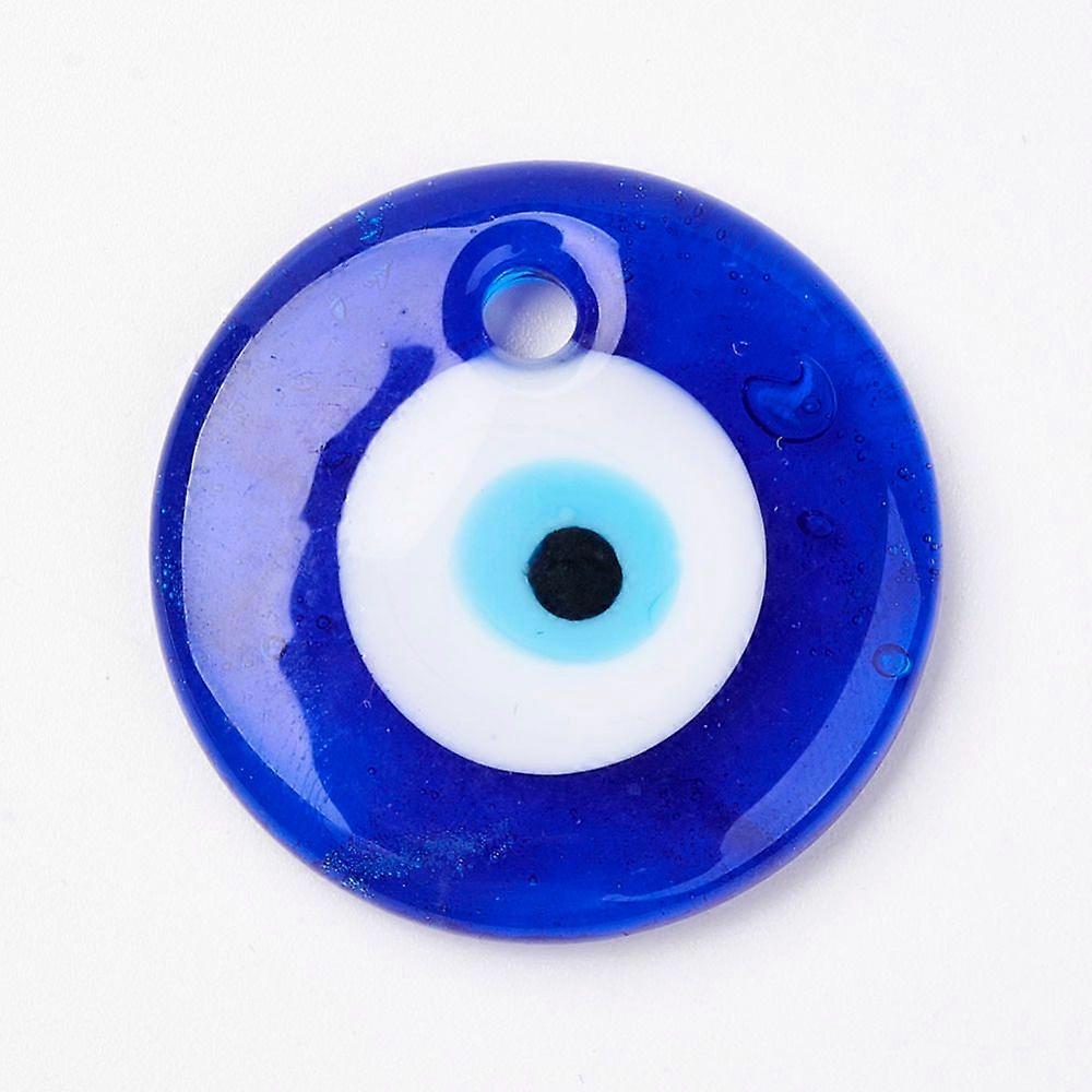 Handmade Lampwork Evil Eye Pendants Flat Round Blue 35x6mm Hole: 4mm