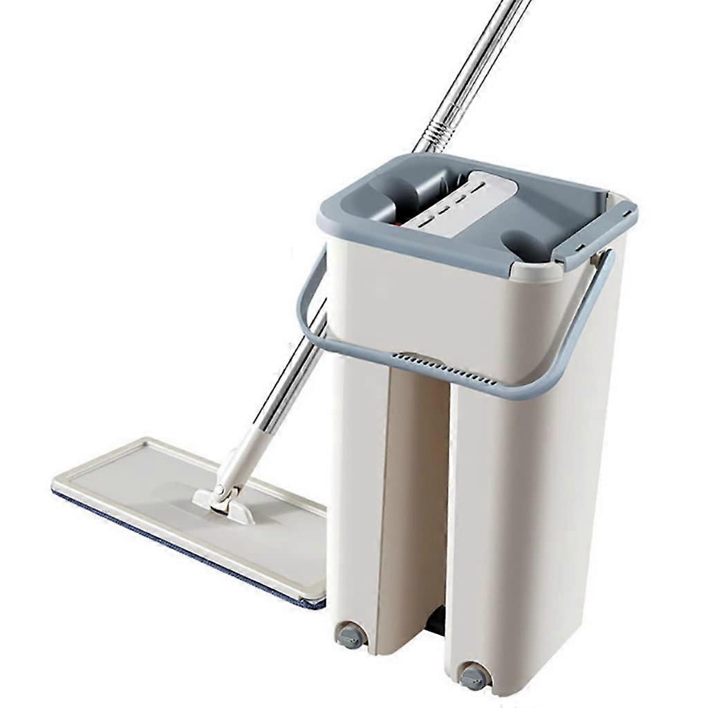 Flat Mop and Bucket Set with Hands Wringing, Reusable Microfiber Pad for Floor Cleaning